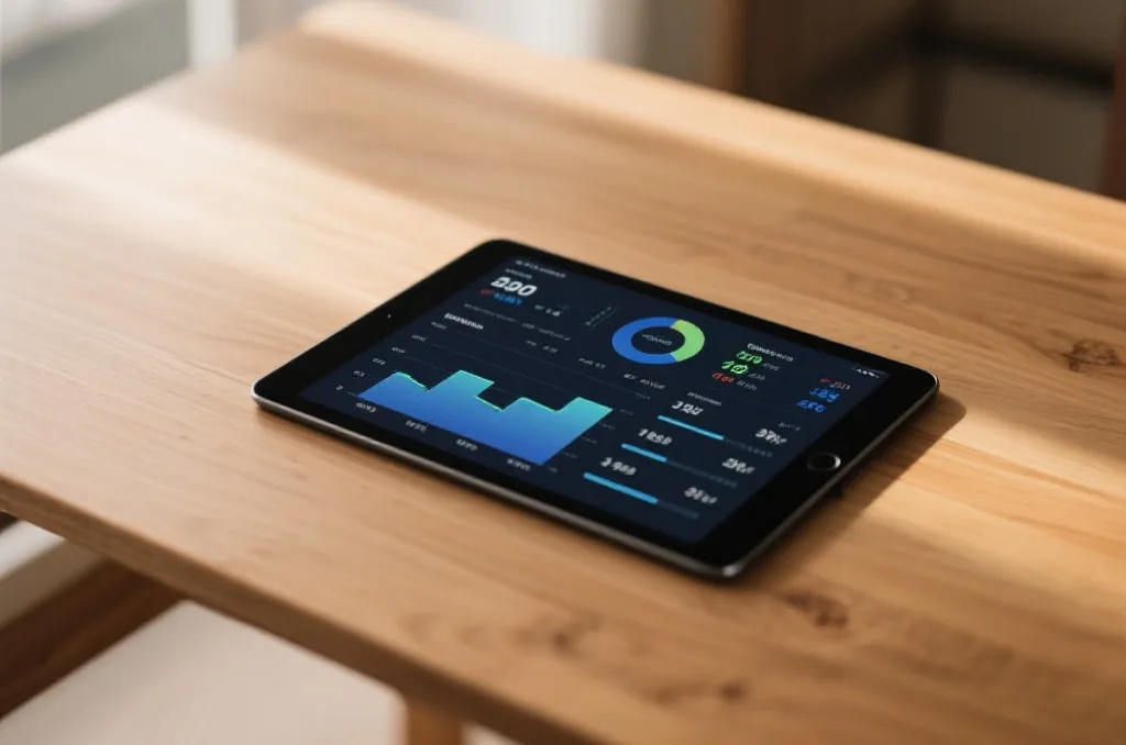 A clean sports analytics dashboard on a tablet showing match statistics and probability charts