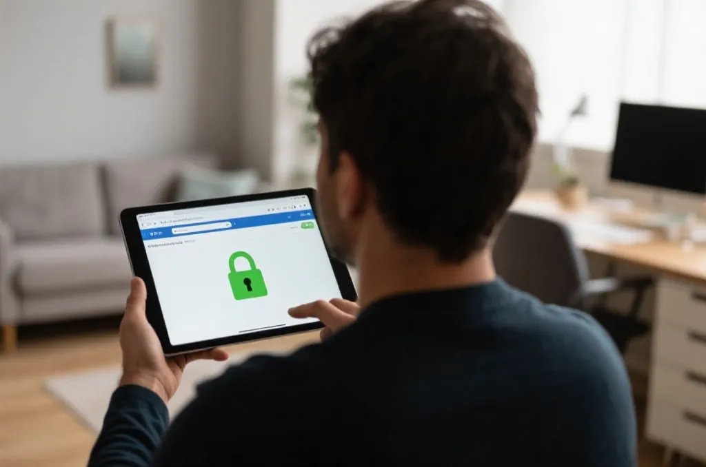 An over-the-shoulder view of a person using a secure browser on a tablet in a modern home office with a green lock icon visible on the address bar